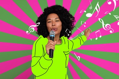 Attractive woman in drawn clothes singing on bright background. Creative collage for poster