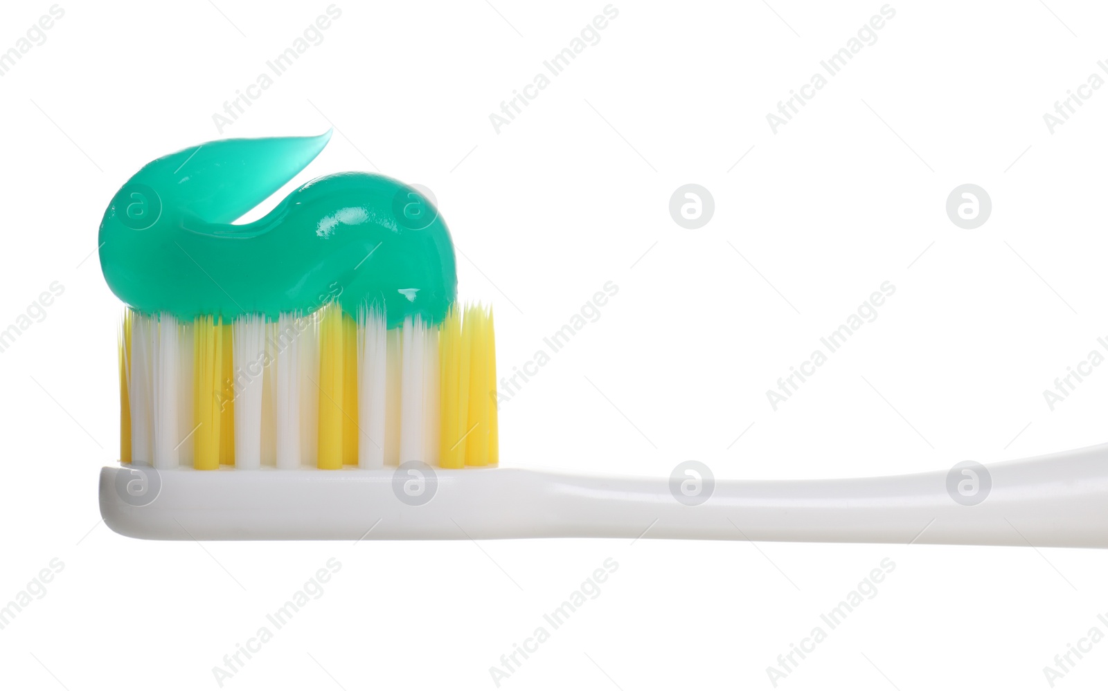 Photo of Plastic brush with toothpaste isolated on white, closeup