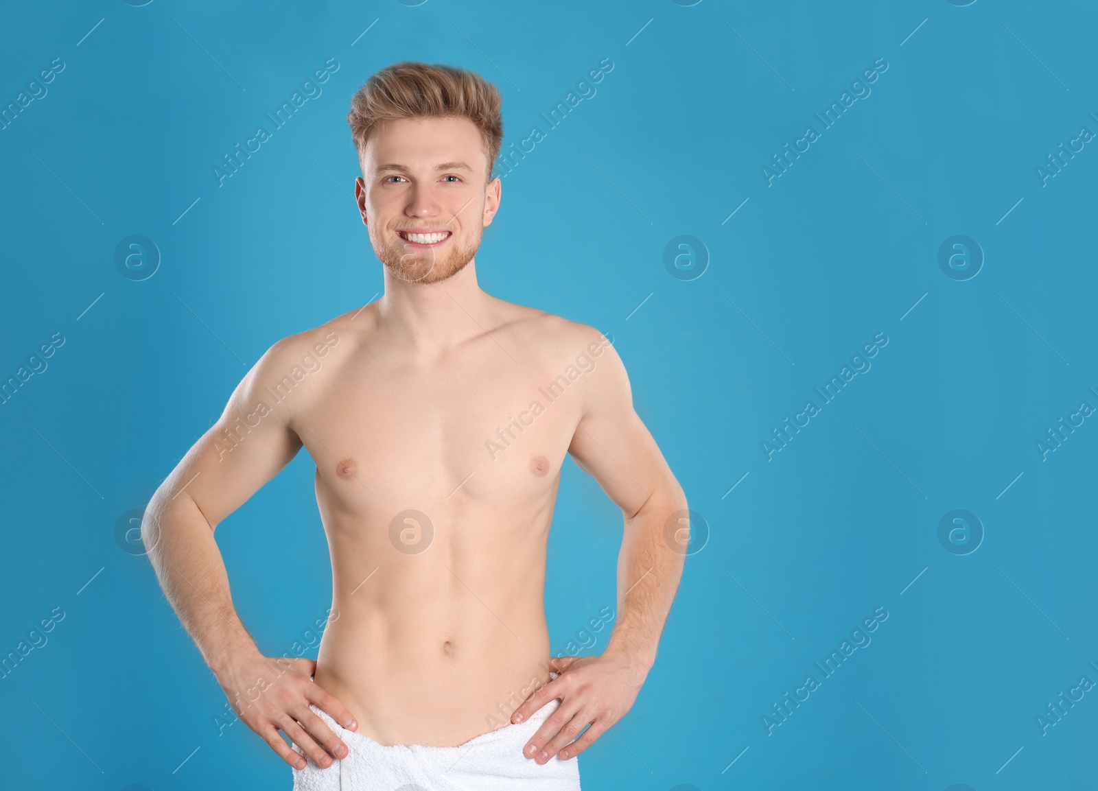 Photo of Handsome man with slim body on color background. Space for text