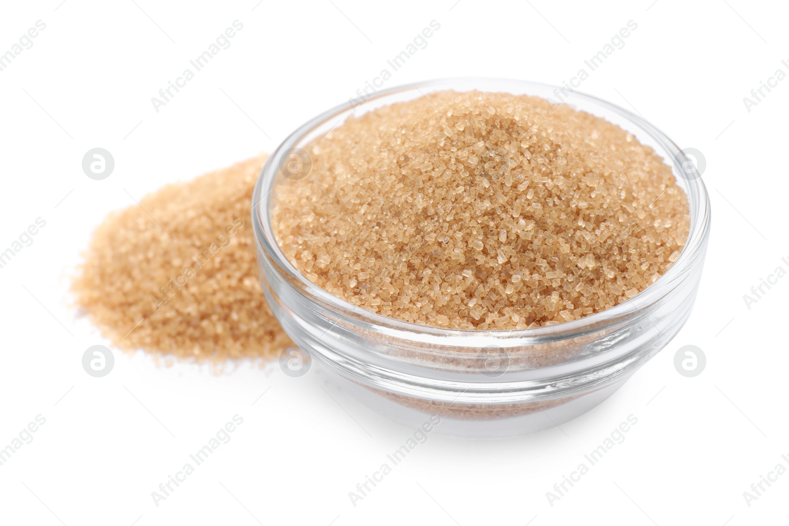 Photo of Brown sugar and glass bowl on white background