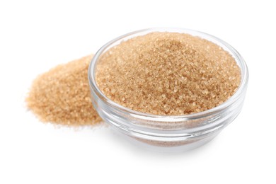 Photo of Brown sugar and glass bowl on white background