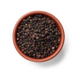 Photo of Aromatic spice. Many black peppercorns in bowl isolated on white, top view