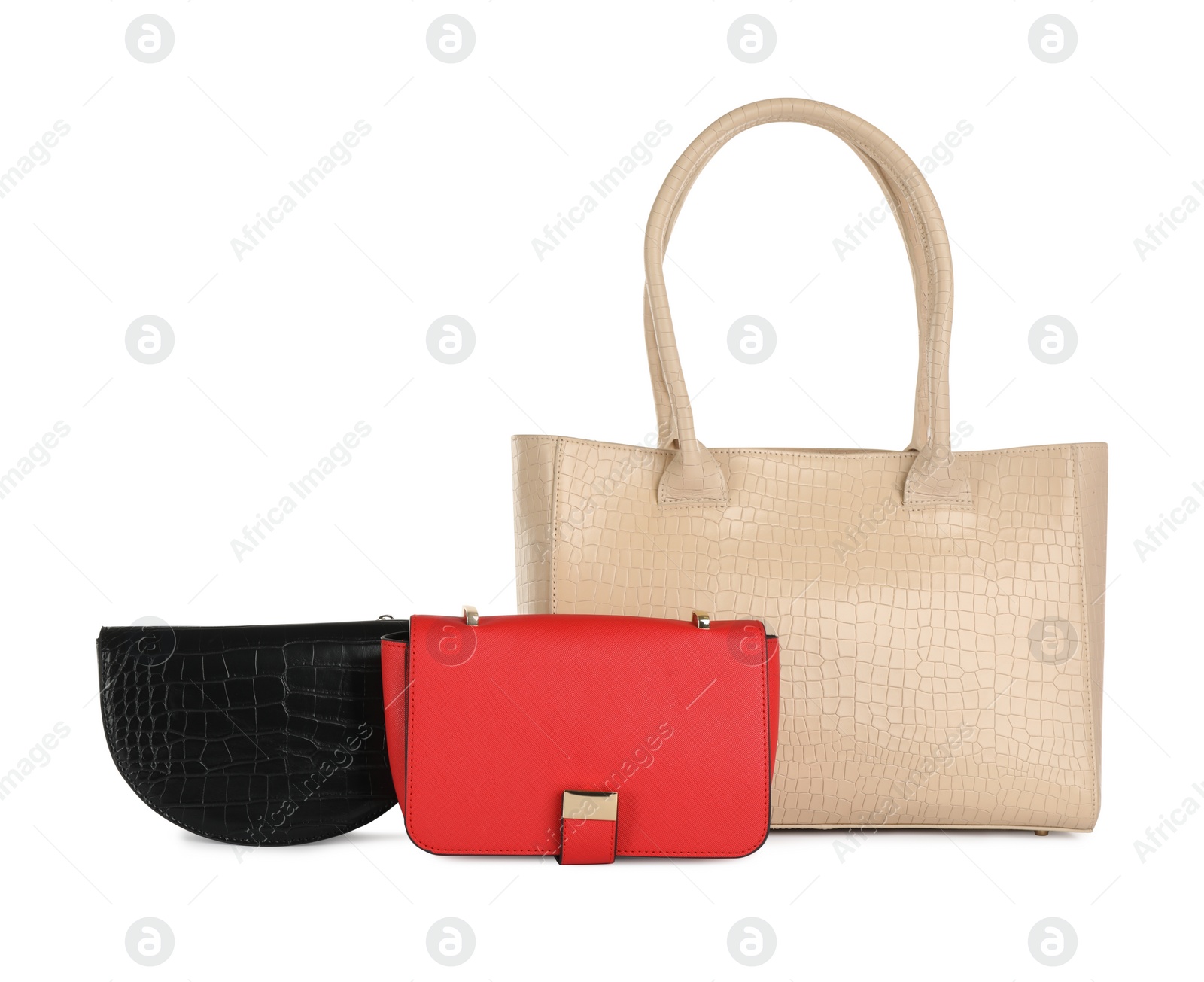 Photo of Collection of stylish women's bags on white background