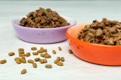 Photo of Dry and wet pet food on white table