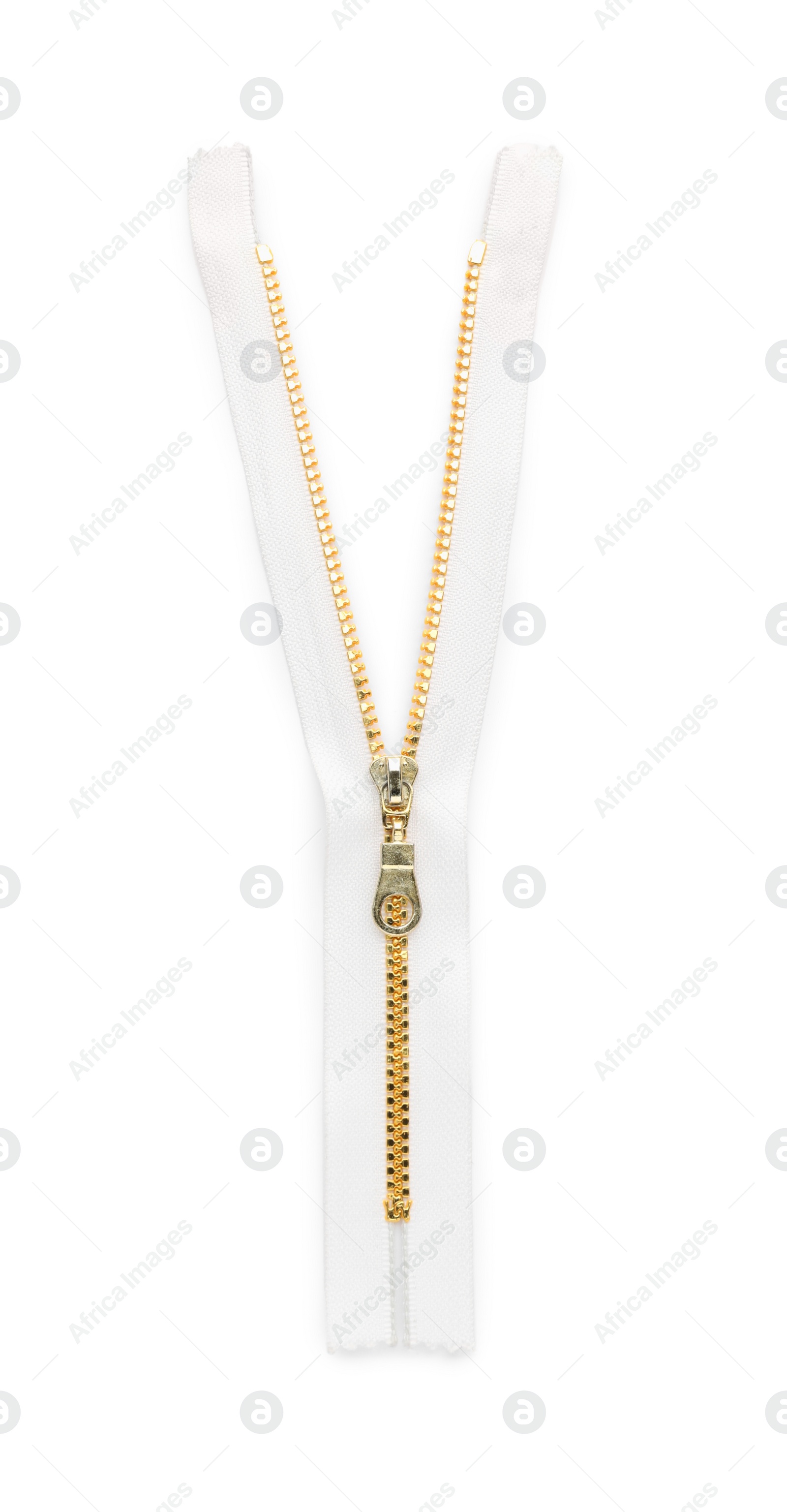 Photo of Golden zipper isolated on white, top view