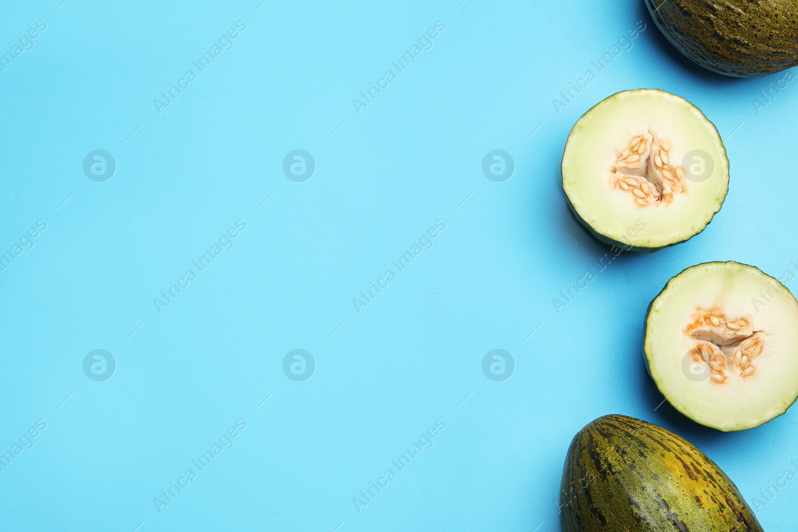 Photo of Ripe tasty melons on blue background, flat lay. Space for text