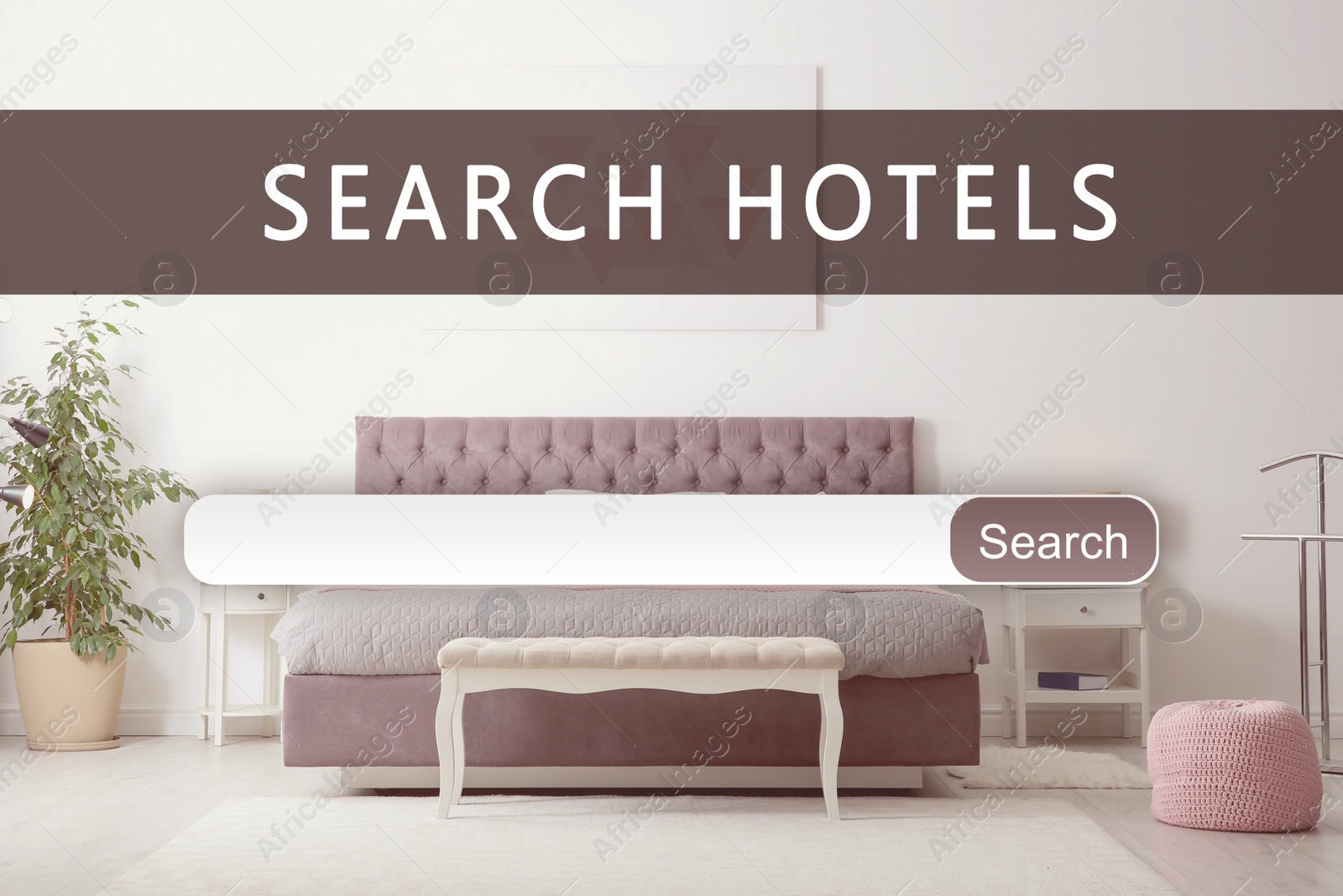 Image of Booking online service. Search bar and beautiful hotel room on background