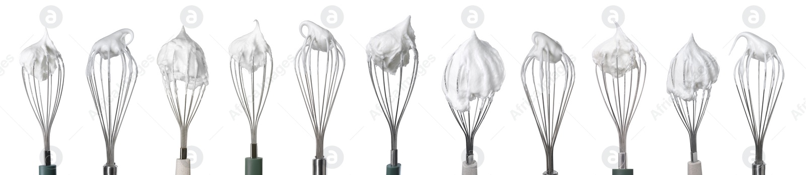 Image of Many different whisks with cream isolated on white, collection