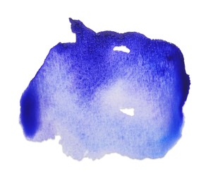 Blot of blue ink on white background, top view