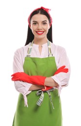Photo of Young housewife wearing rubber gloves on white background