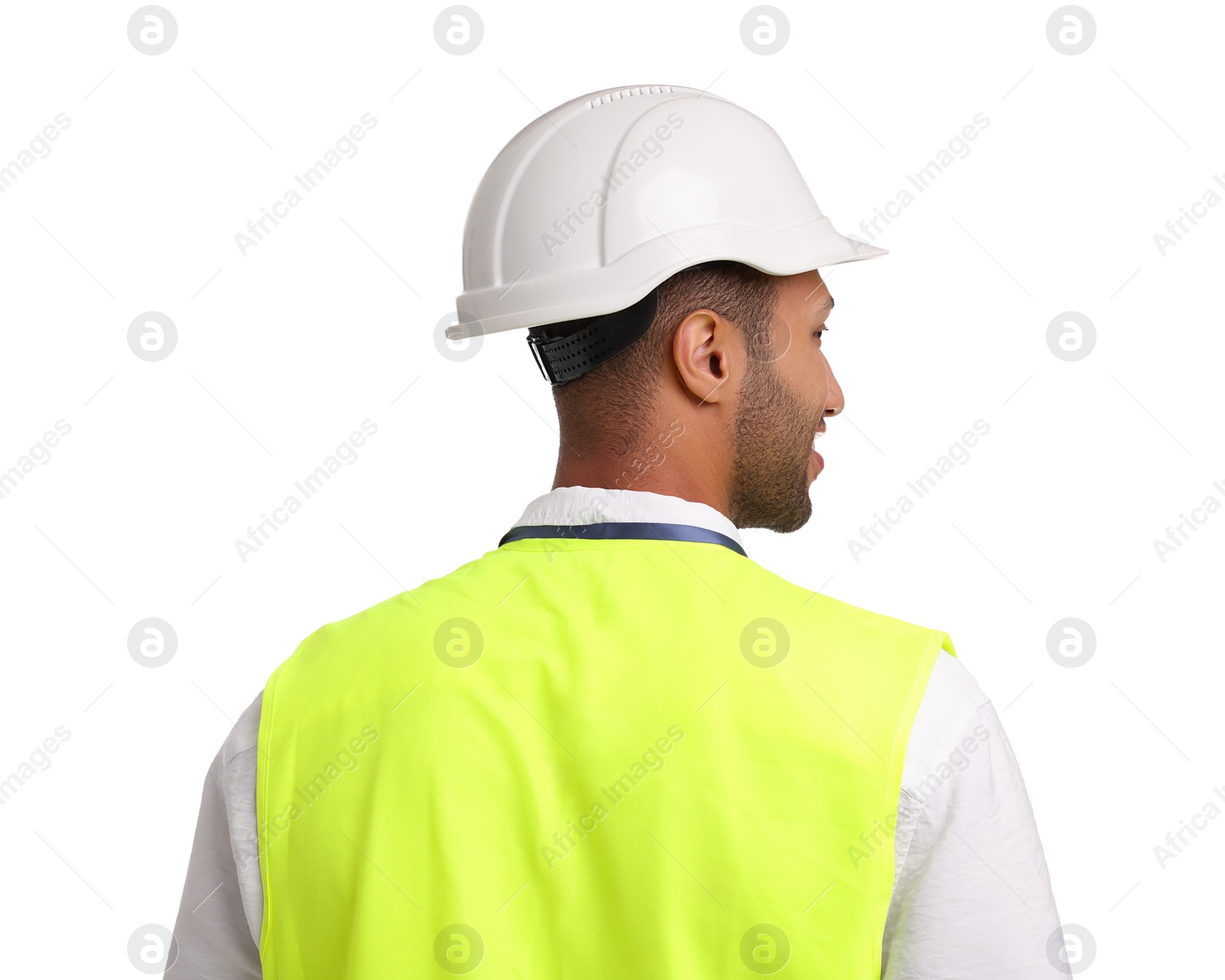 Photo of Engineer in hard hat on white background, back view