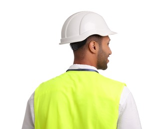 Photo of Engineer in hard hat on white background, back view