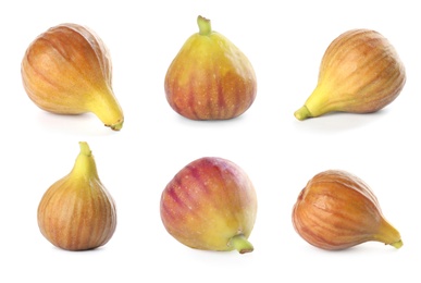 Image of Set of tasty figs on white background