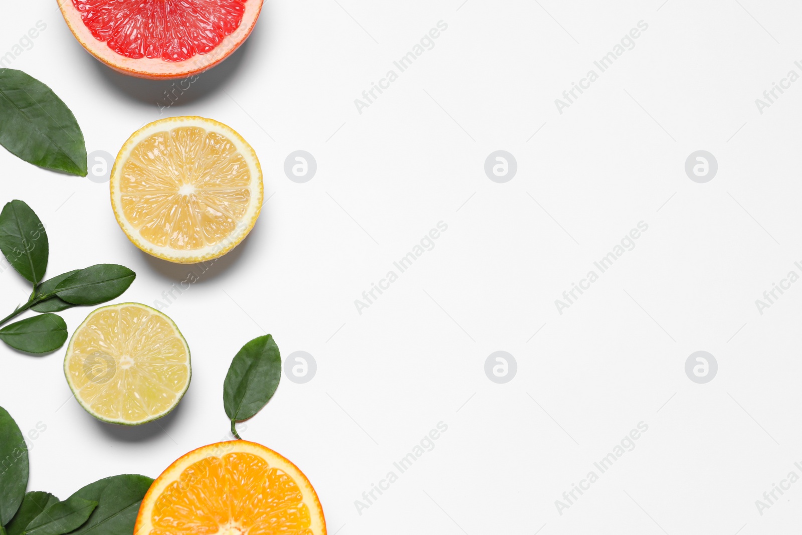 Photo of Different cut citrus fruits and leaves on white table, flat lay. Space for text