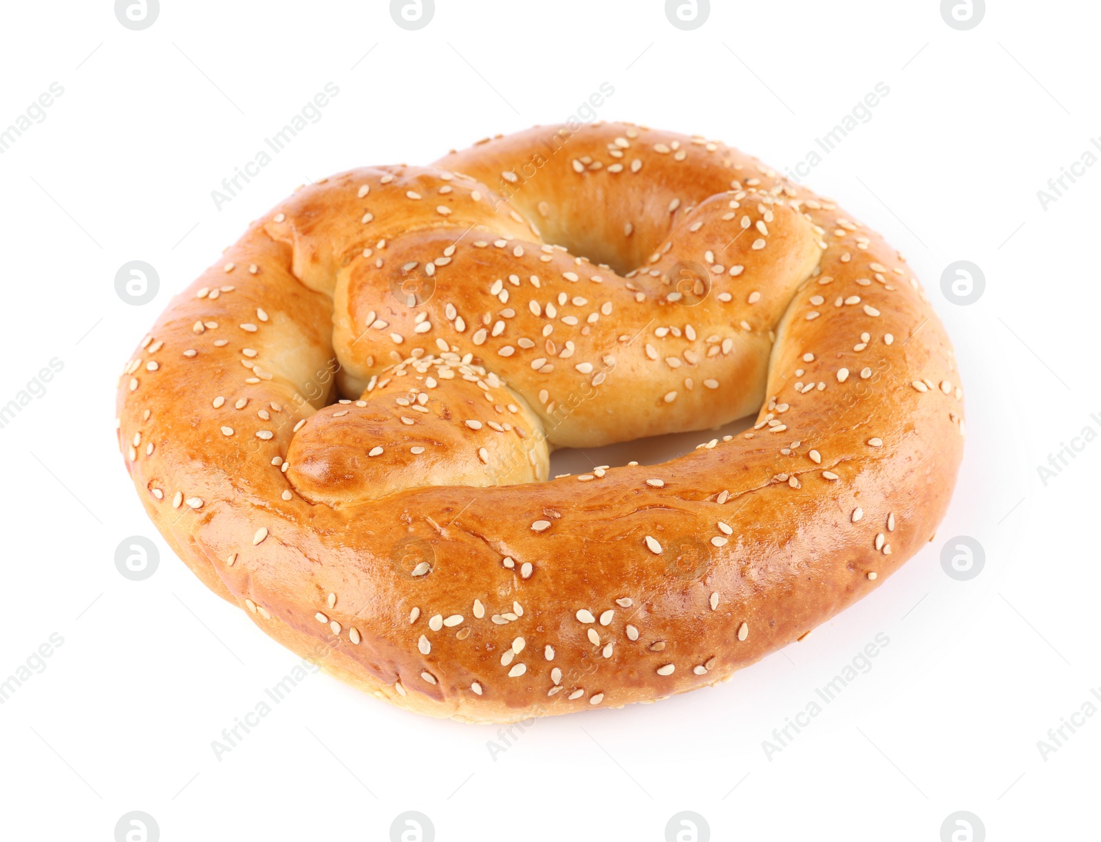 Photo of Tasty freshly baked pretzel isolated on white