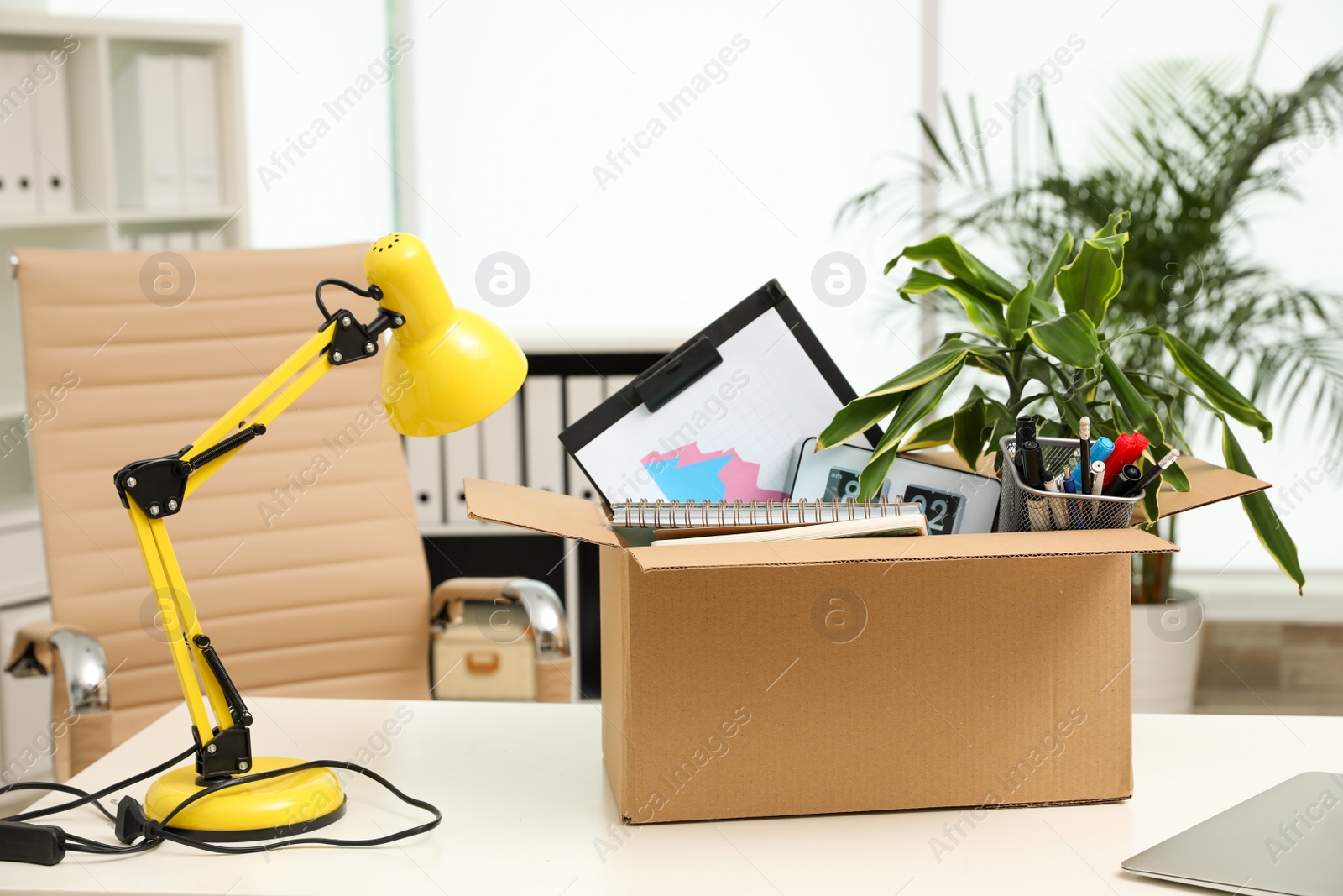 Photo of Cardboard box full of stuff on table in office