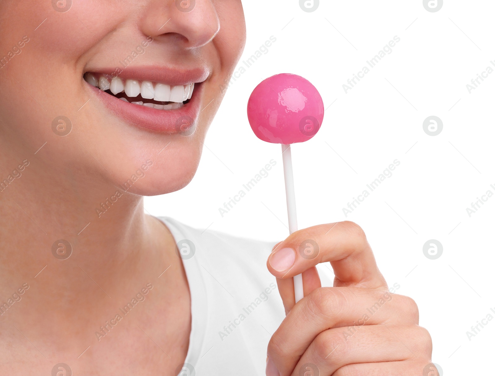 Photo of Woman with lollipop on white background, closeup