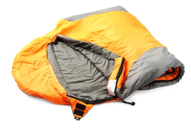 Photo of Bright sleeping bag on white background. Camping equipment