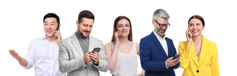 Collage with photo of people using mobile phones on white background