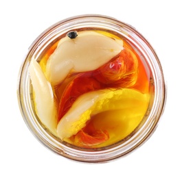 Photo of Open jar with pickled bell peppers on white background, top view