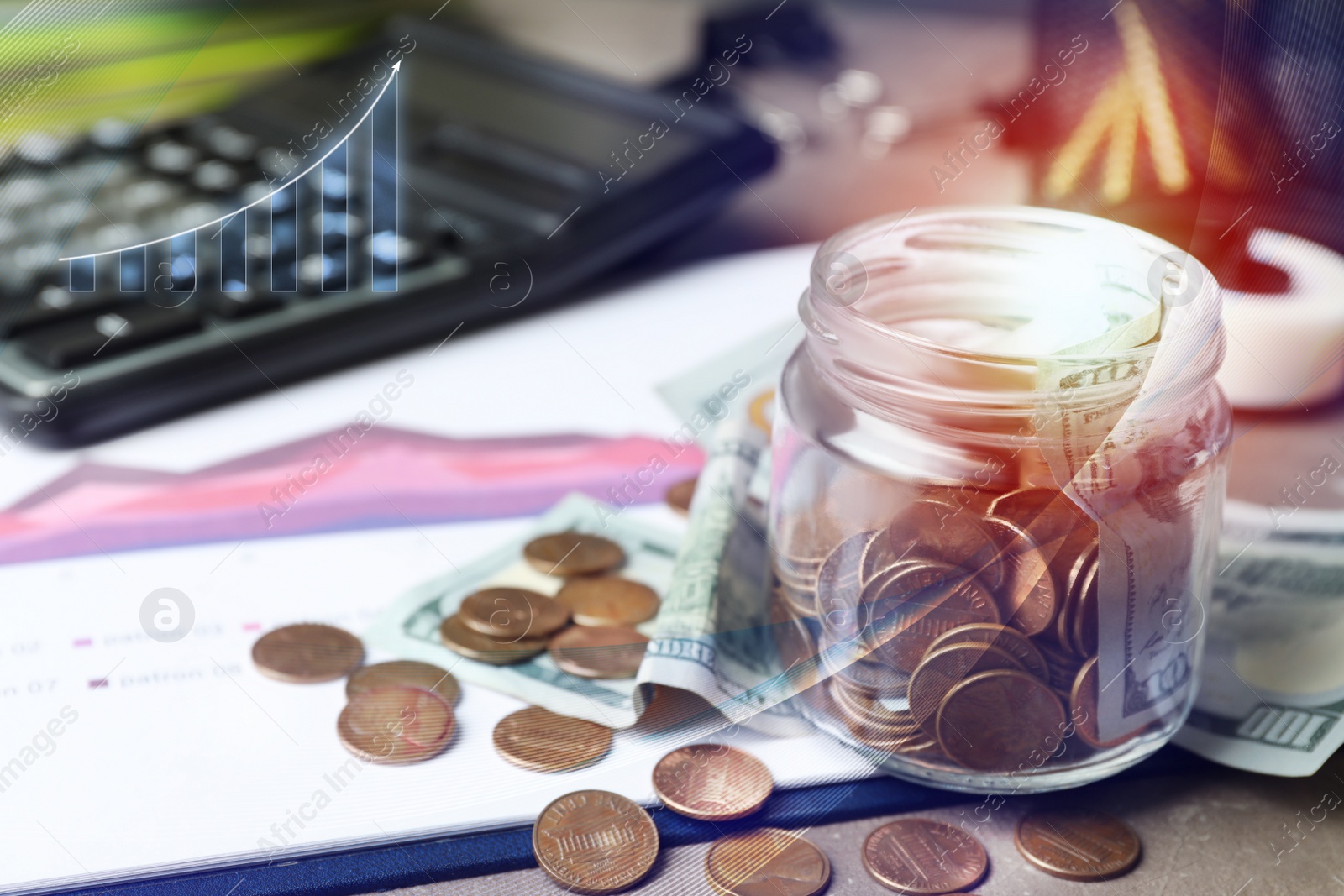 Image of Glass jar with money on table, space for text