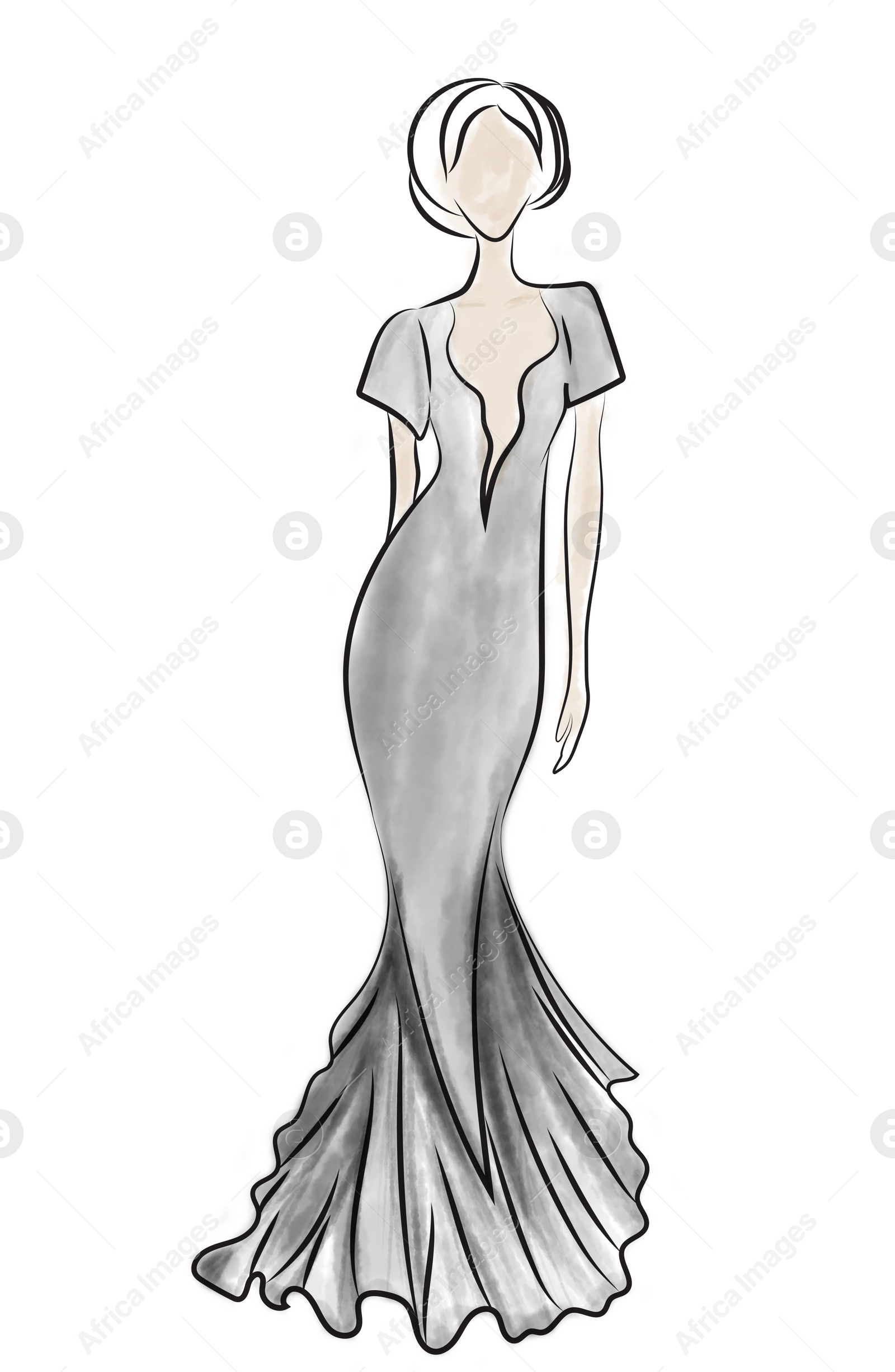 Illustration of Fashion sketch. Model wearing stylish dress on white background, illustration