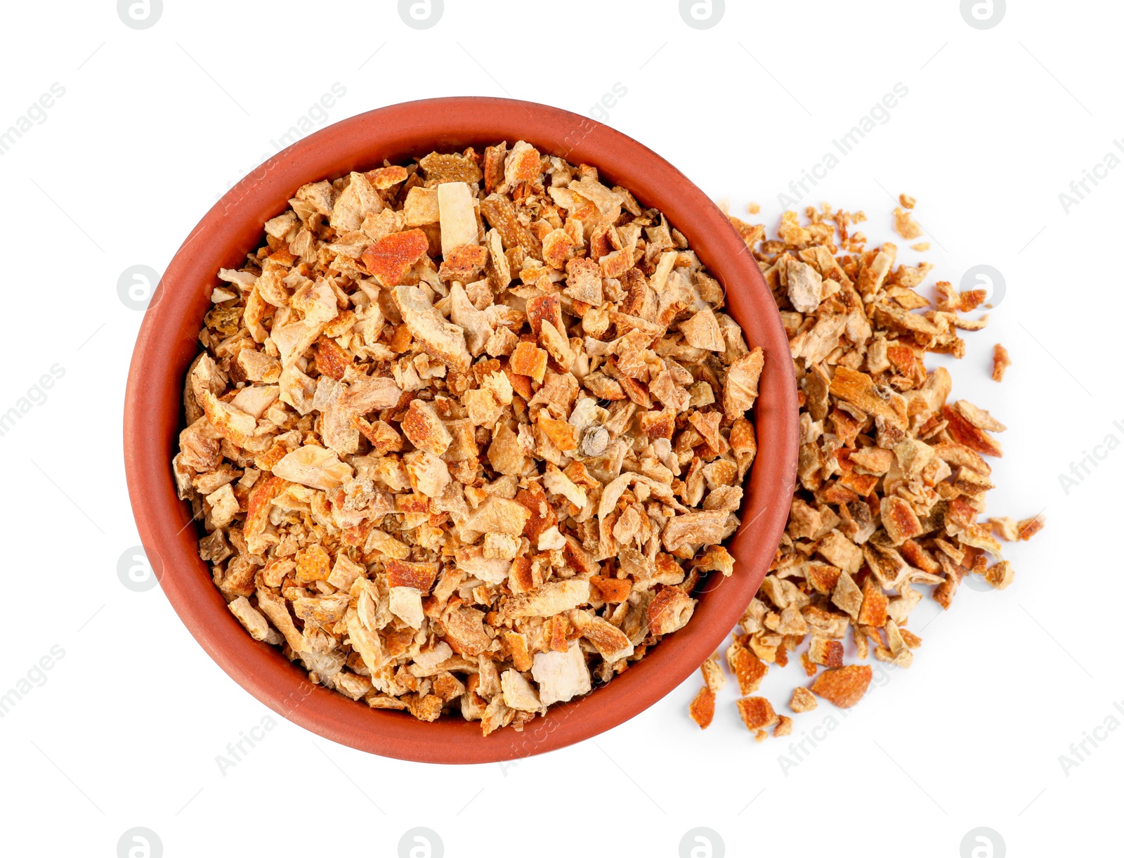 Photo of Bowl of dried orange zest seasoning isolated on white, top view