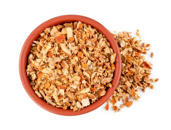 Photo of Bowl of dried orange zest seasoning isolated on white, top view