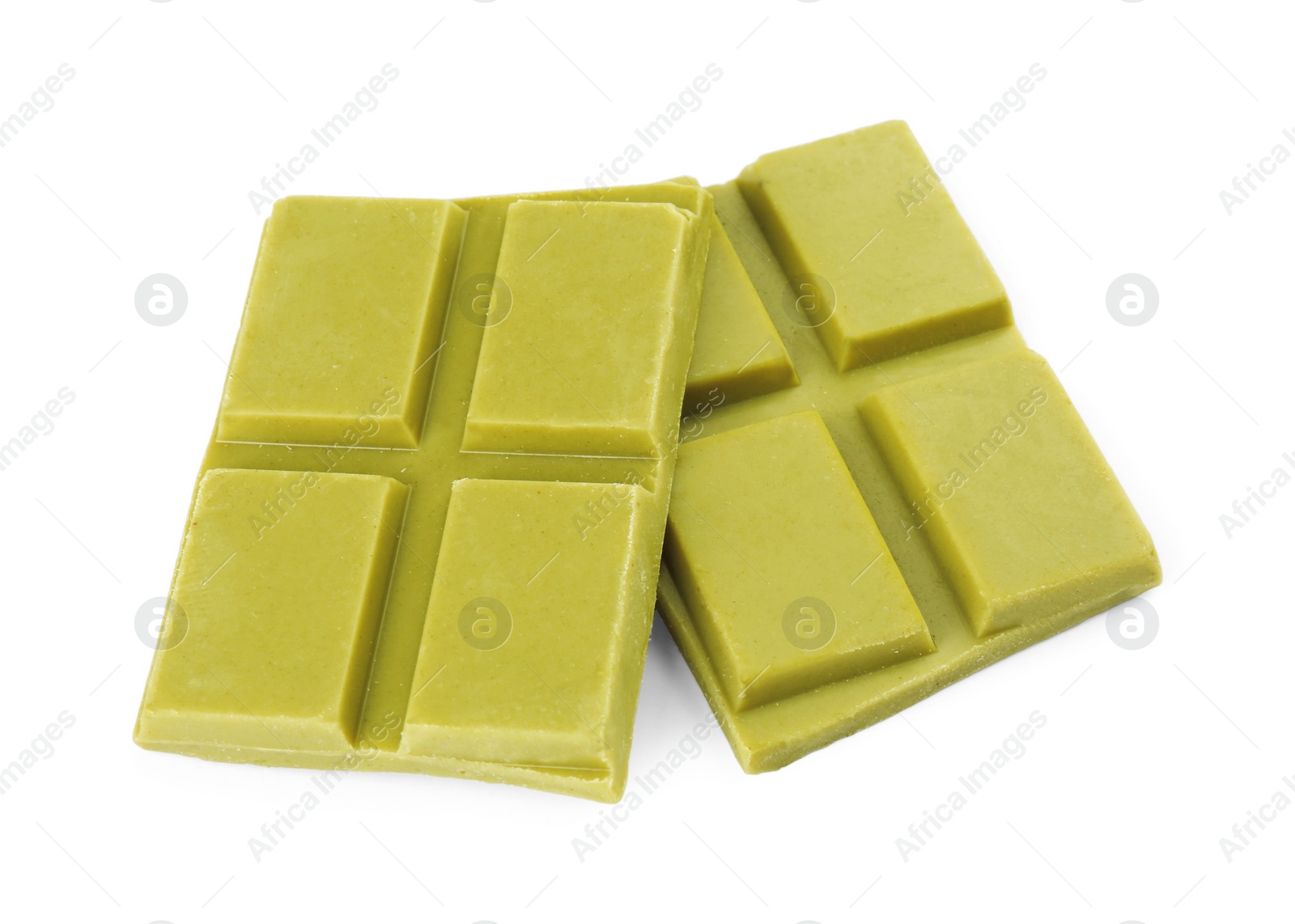 Photo of Pieces of tasty matcha chocolate bar isolated on white