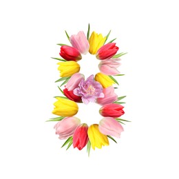 Image of International Women's Day - March 8. Card design with number 8 of bright flowers on white background