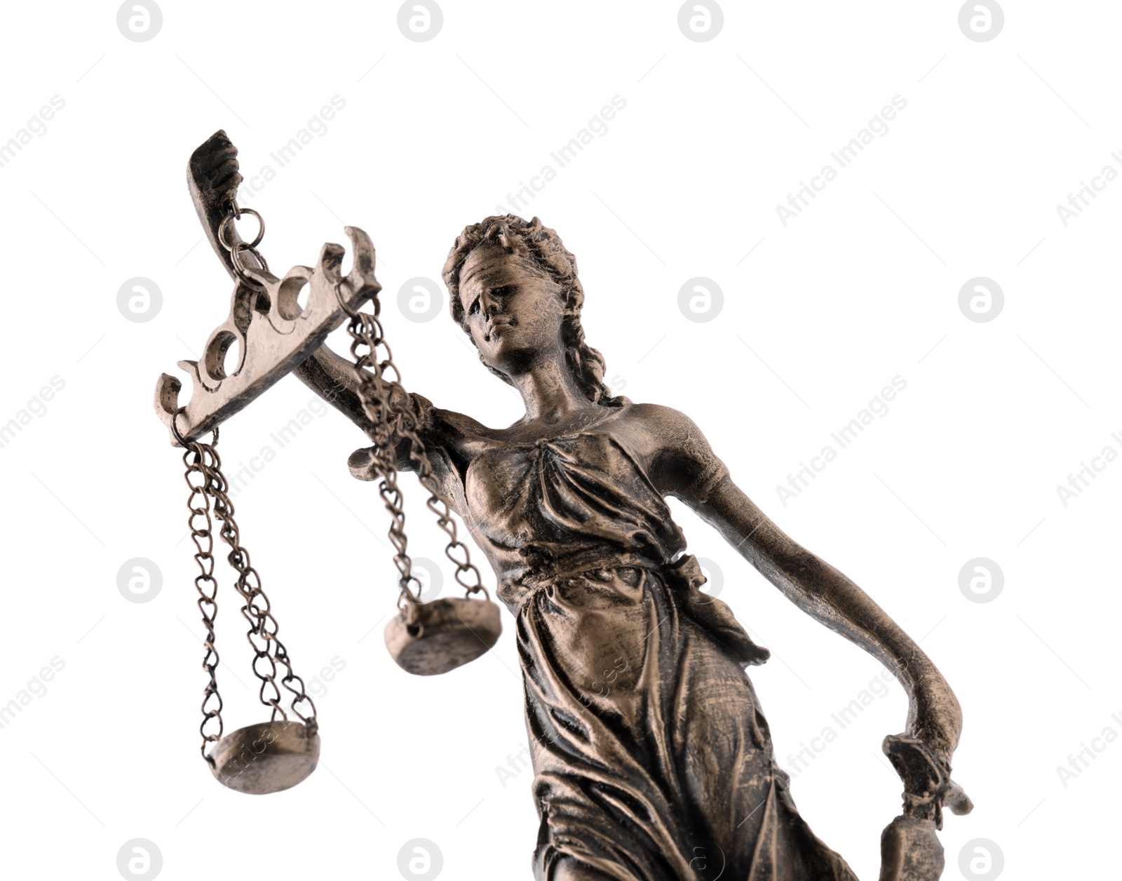 Photo of Statue of Lady Justice isolated on white, low angle view. Symbol of fair treatment under law