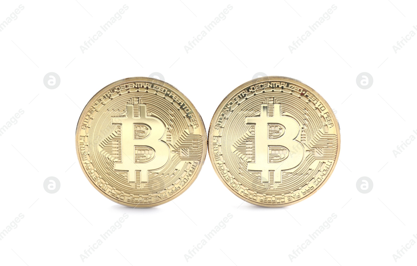 Photo of Shiny bitcoins isolated on white. Digital currency