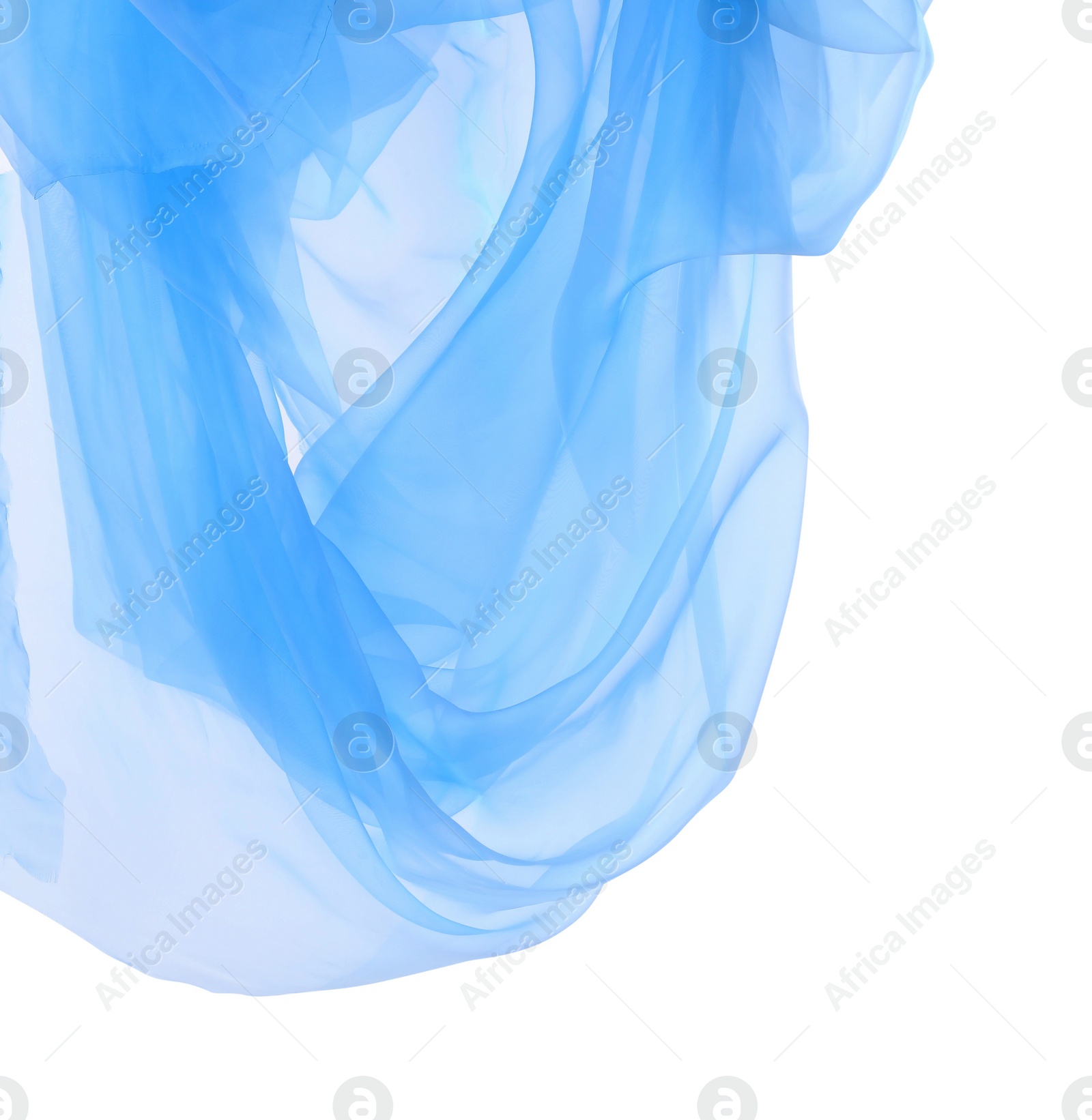 Photo of Beautiful light blue tulle fabric on white background. Space for text