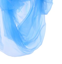 Beautiful light blue tulle fabric on white background. Space for text