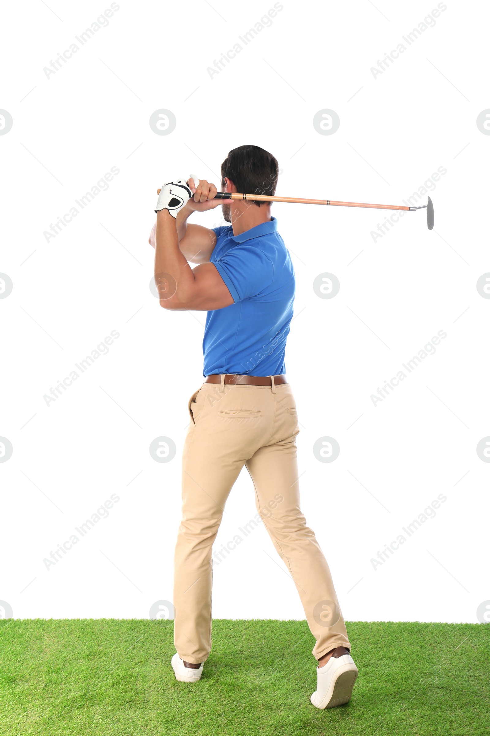 Photo of Young man playing golf on white background