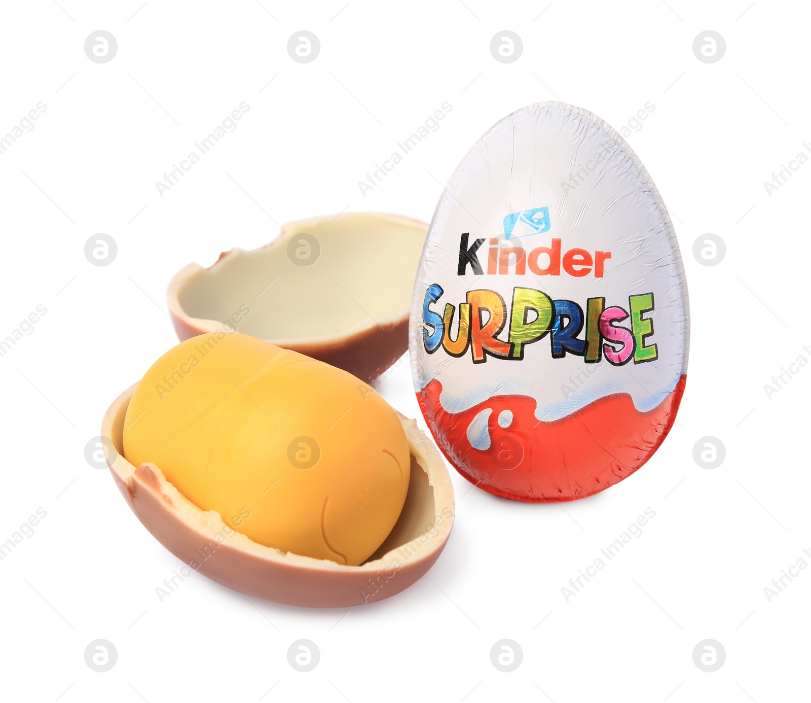 Photo of Slynchev Bryag, Bulgaria - May 23, 2023: Kinder Surprise Eggs and plastic capsule with toy on white background