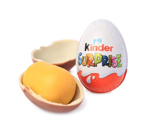 Photo of Slynchev Bryag, Bulgaria - May 23, 2023: Kinder Surprise Eggs and plastic capsule with toy on white background