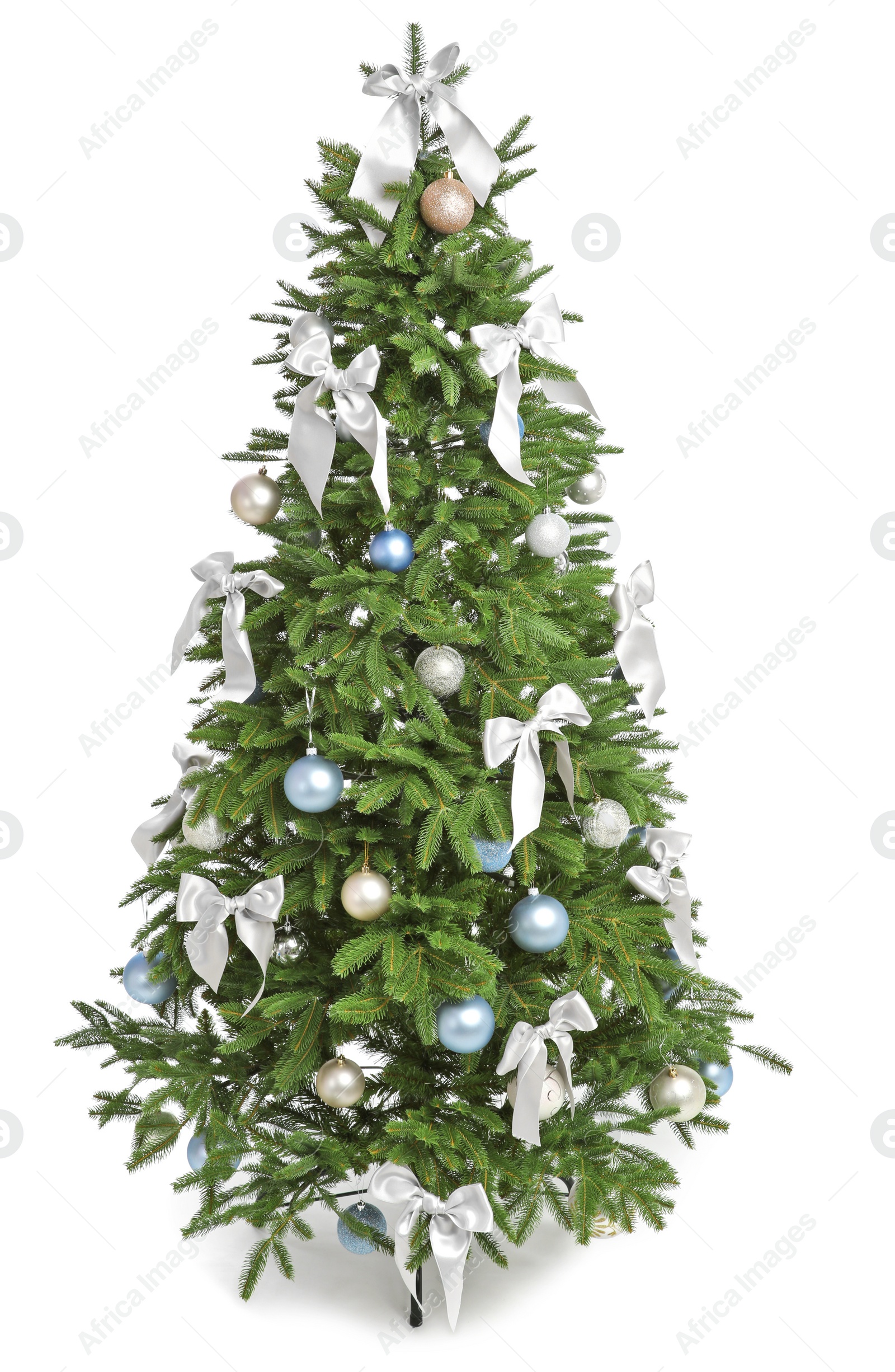 Photo of Beautifully decorated Christmas tree on white background