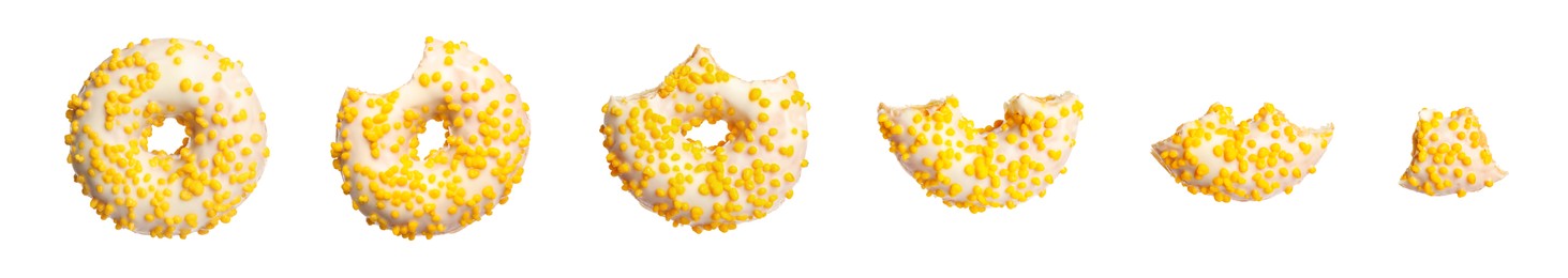 Eating tasty donut. Collage with pieces of dessert isolated on white