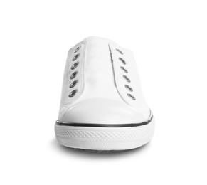 Photo of Stylish sneaker on white background. Trendy footwear