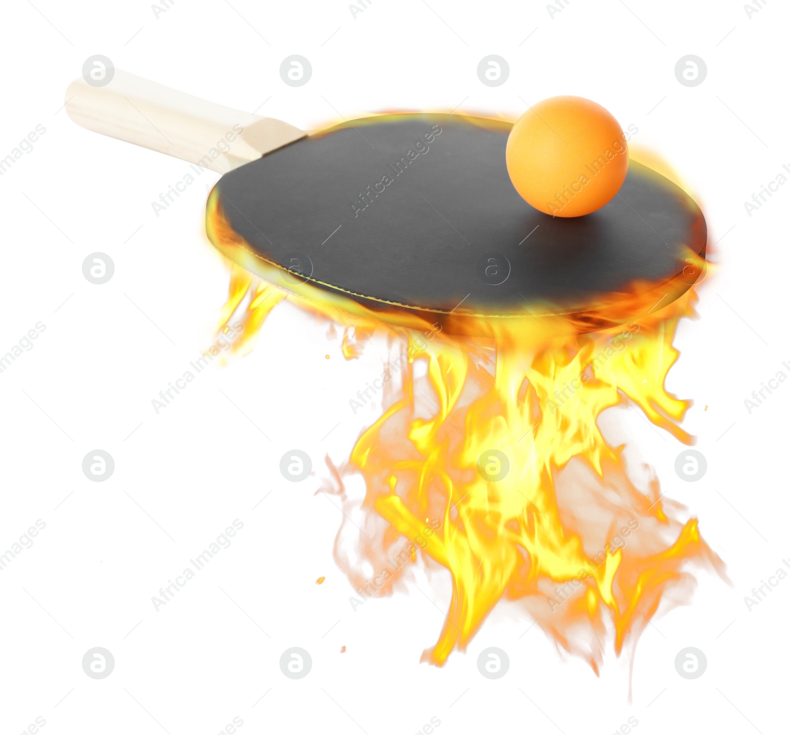 Image of Ping pong racket and ball in fire on white background