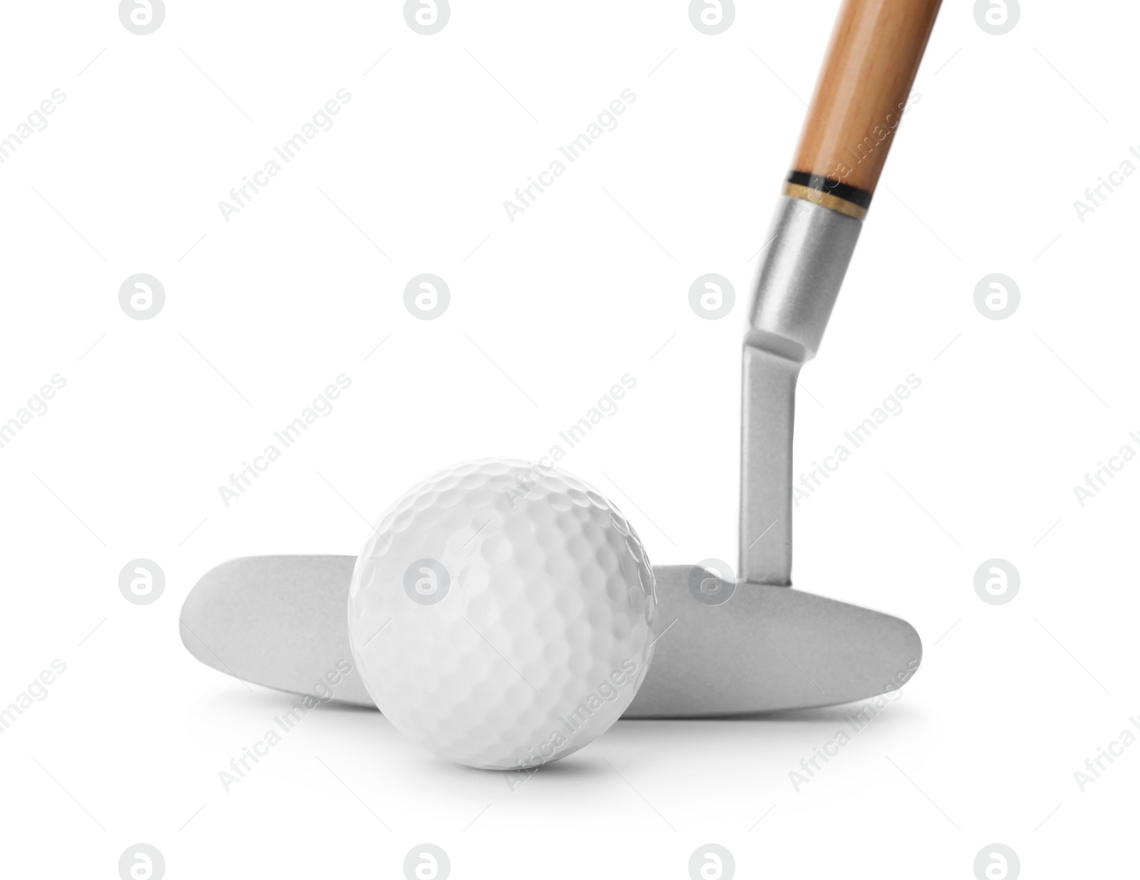 Photo of Hitting golf ball with club on white background