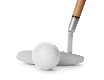 Photo of Hitting golf ball with club on white background