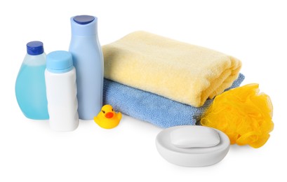 Photo of Baby cosmetic products, bath duck, sponge and towels isolated on white