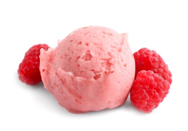 Photo of Scoop of delicious raspberry ice cream with fresh berries on white background