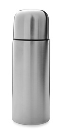 Photo of Modern closed stainless thermos isolated on white