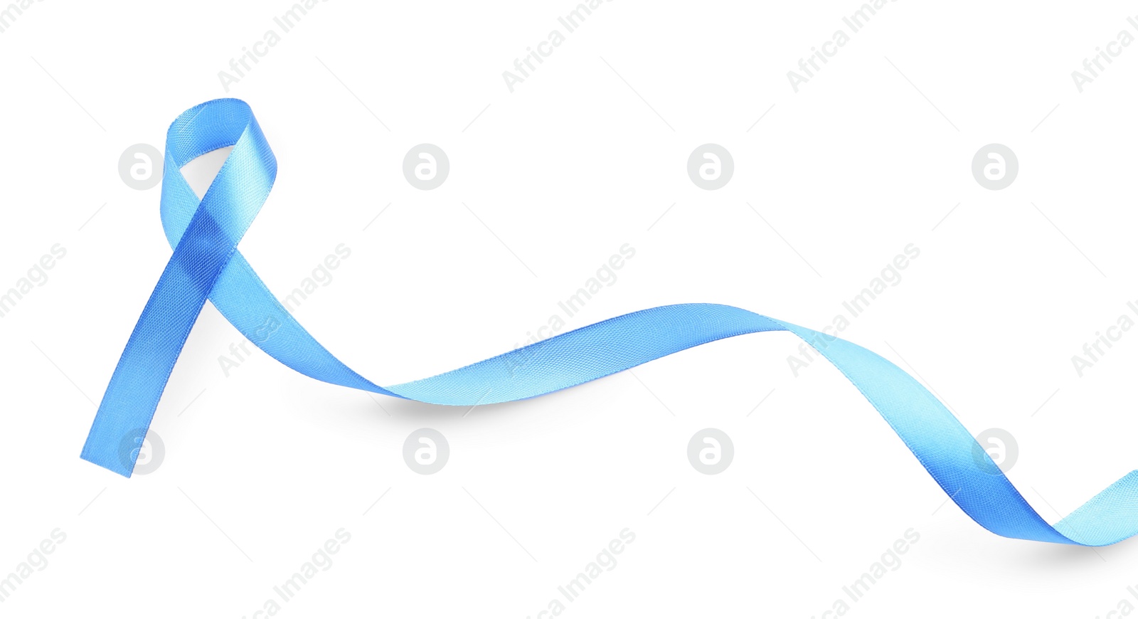 Photo of Light blue awareness ribbon isolated on white, top view