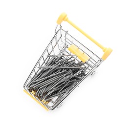 Photo of Small shopping cart with metal nails isolated on white, top view. Construction tools