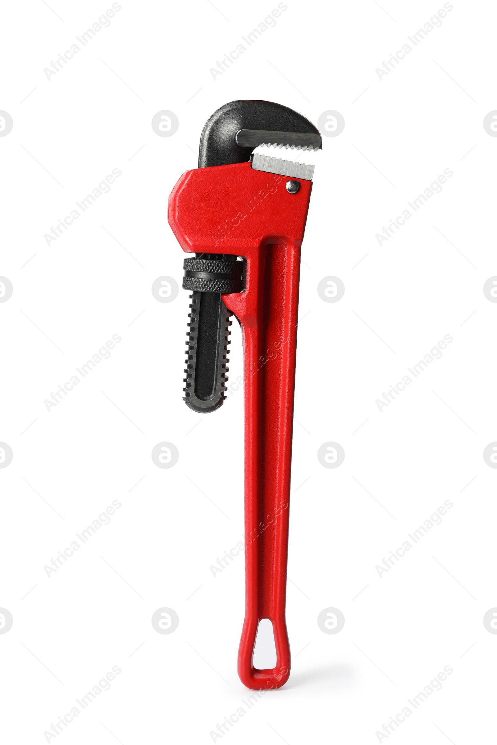 Photo of New pipe wrench on white background. Construction tool