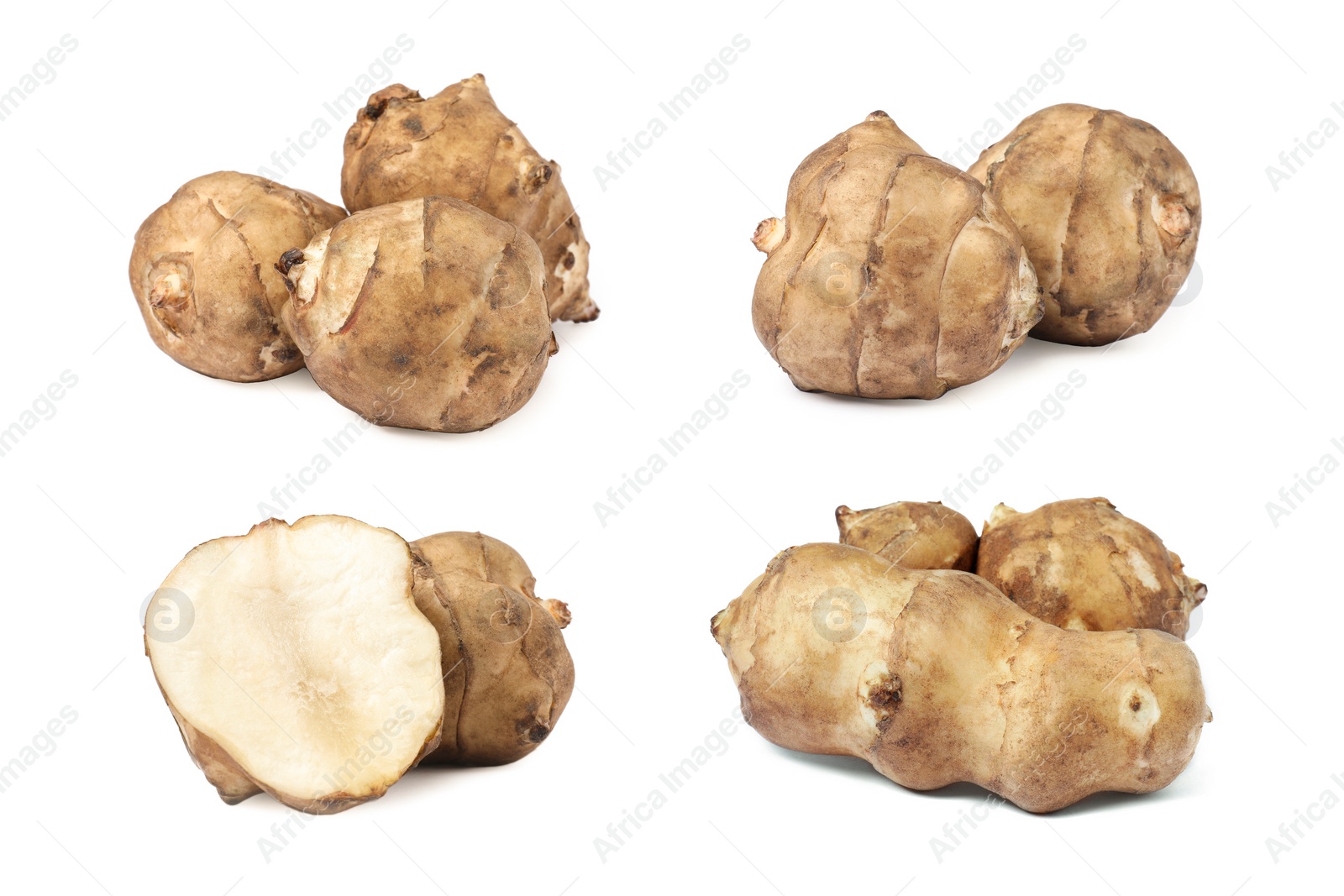 Image of Collage with Jerusalem artichokes on white background